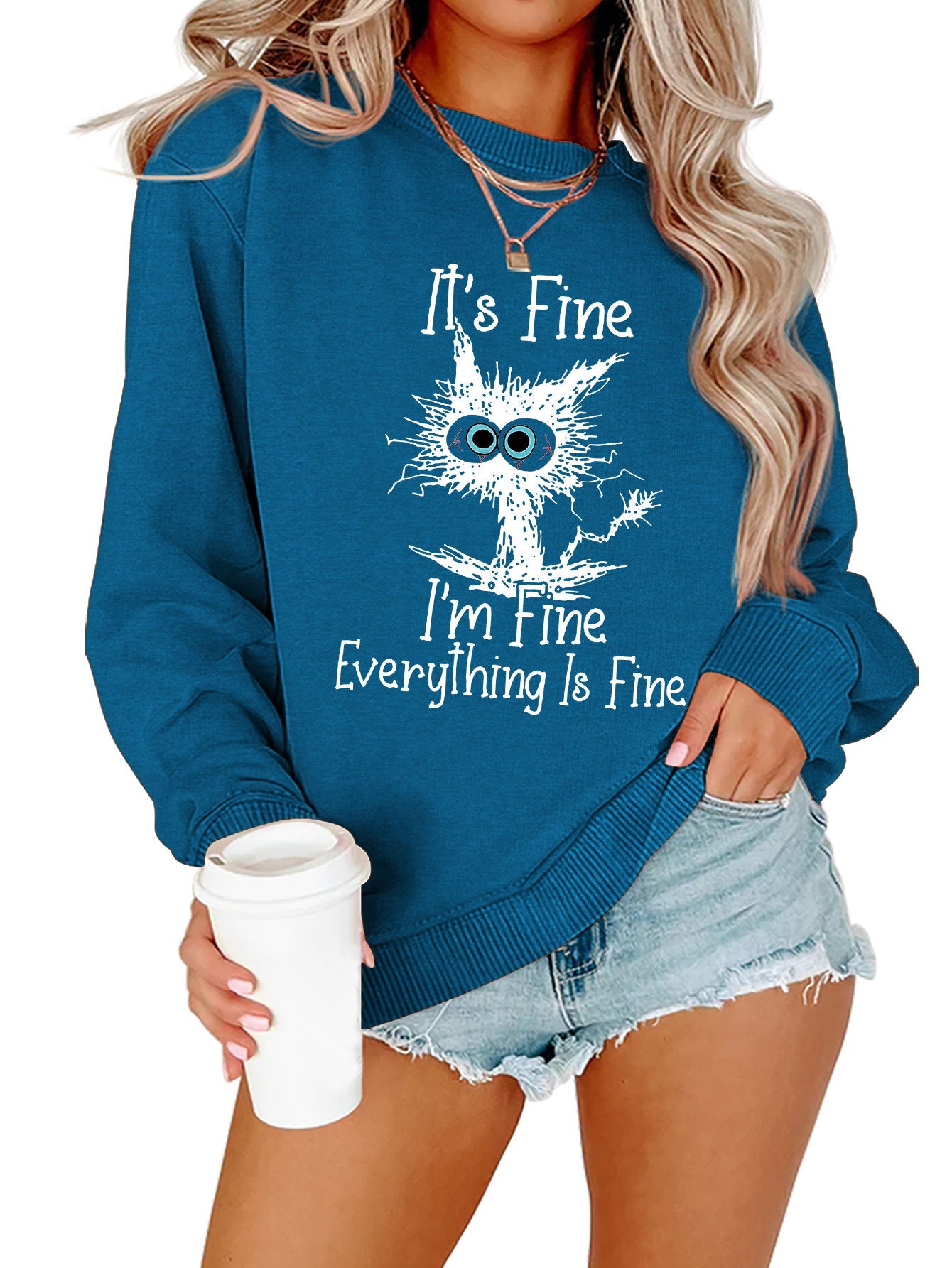 Casual round neck cute cat print sweatshirt, unique sportswear