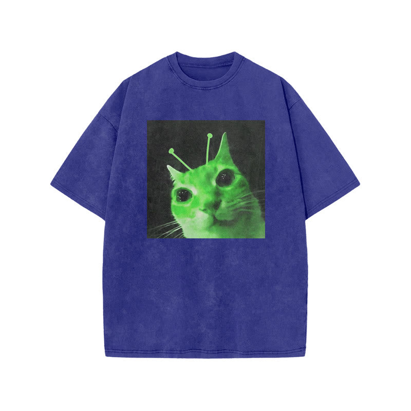 Unisex Alien Cat Halloween Print Acid Washed T-shirt