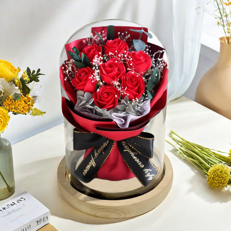 Preserved rose flower bouquet, a high-end romantic arrangement with LED lights.