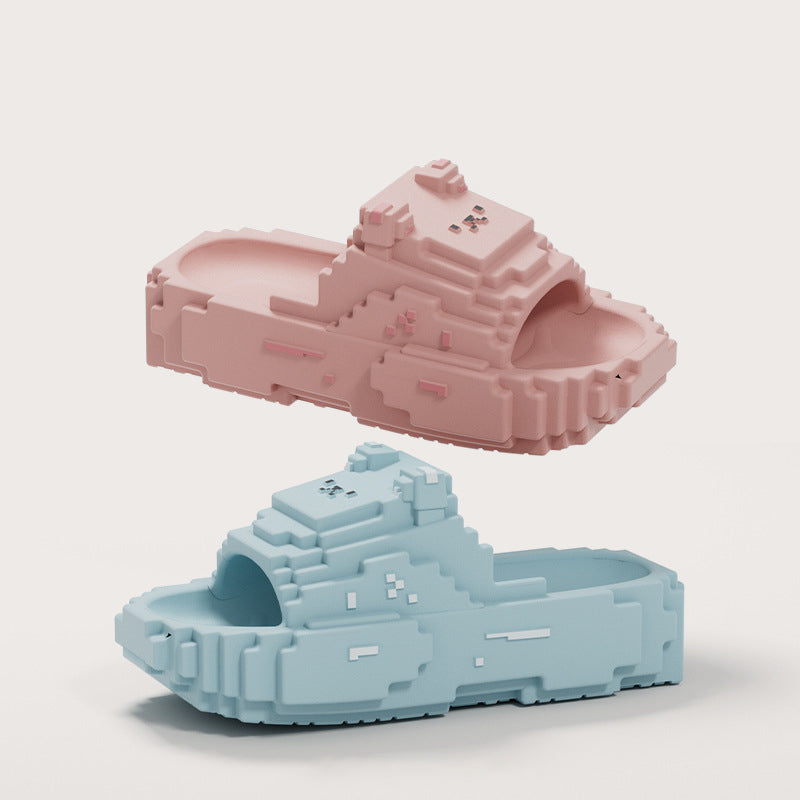 Summer Thick-Soled Non-Slip EVA Slides with Pixelated Bear & Building Block Design