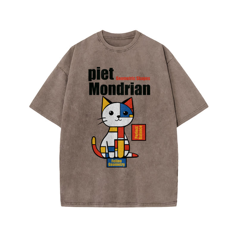 Unisex Geometric Shapes Cat Print Acid Washed T-shirt