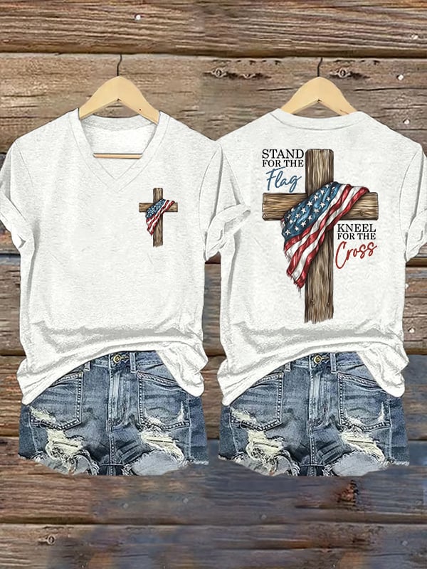 Women's Stand For The Flag Kneel For The Cross Printed Casual V-Neck T-Shirt