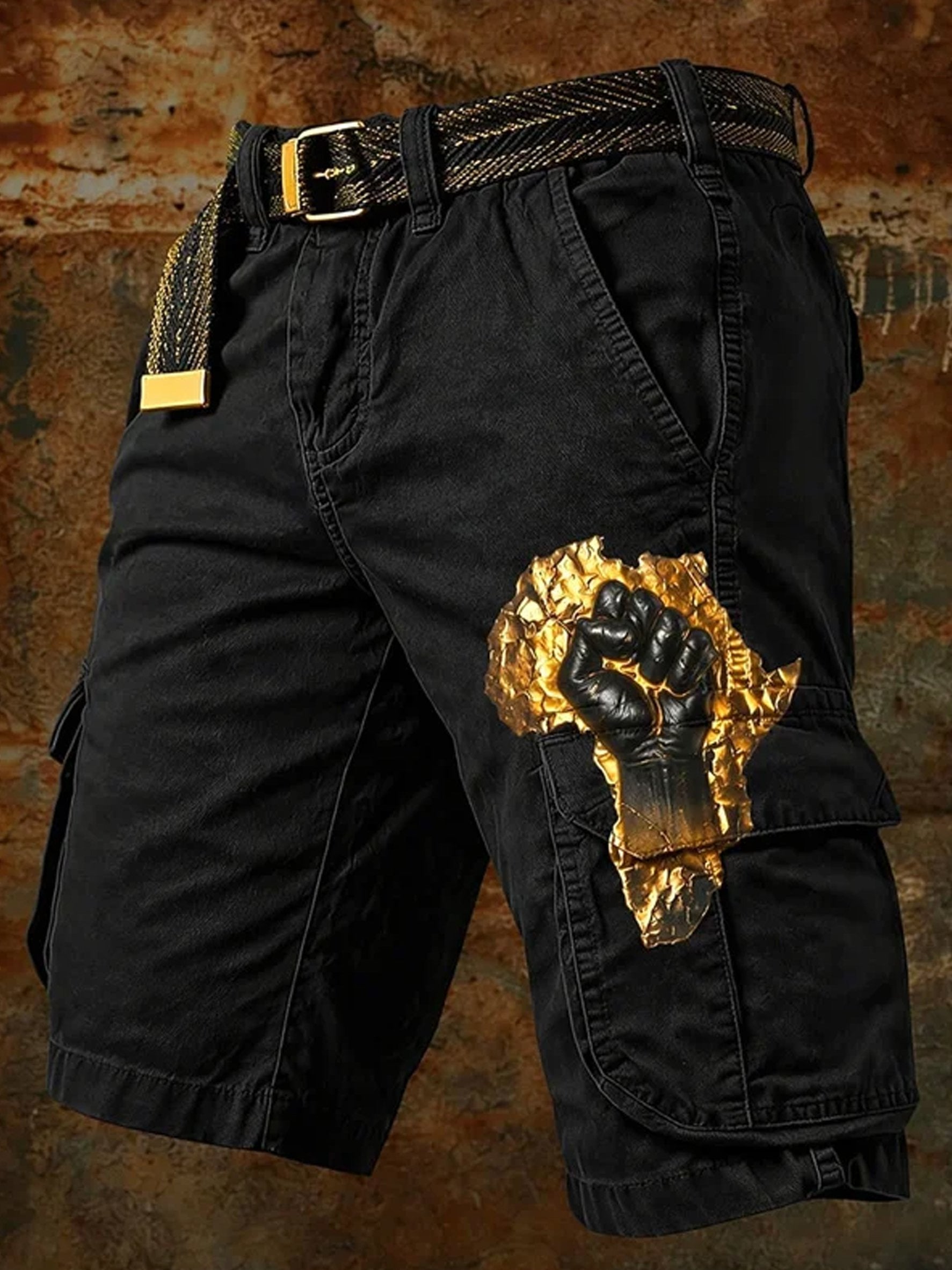 Men's Casual Shorts With Black Cultural Print (Belt Not Included)