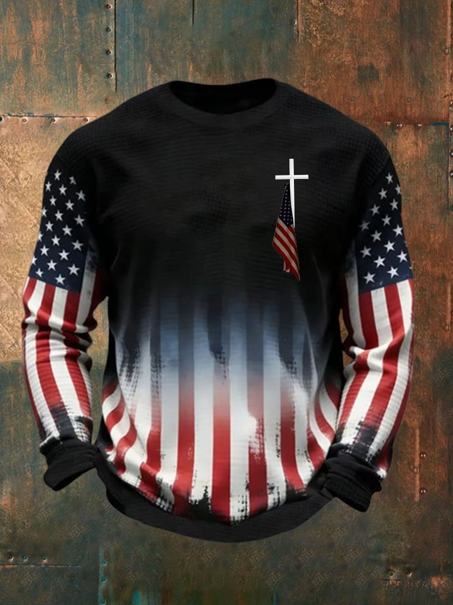 Men's Vintage American Flag Print Waffle T-Shirt