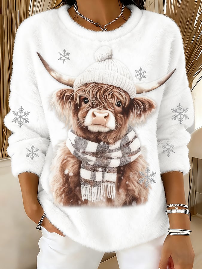 Women's Animal Highland Cow Art Print Round Neck Top