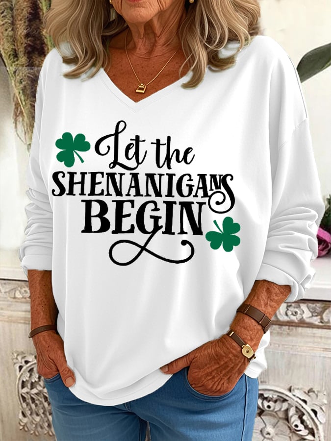 Women's Funny St. Patrick's Day Let The Shenanigans Begin Shamrock Print Casual V-Neck Top