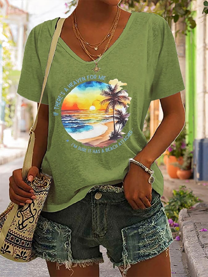 Women's If There's A Heaven For Me, I'm Sure It Has A Beach Attached Printed Short-Sleeved T-Shirt