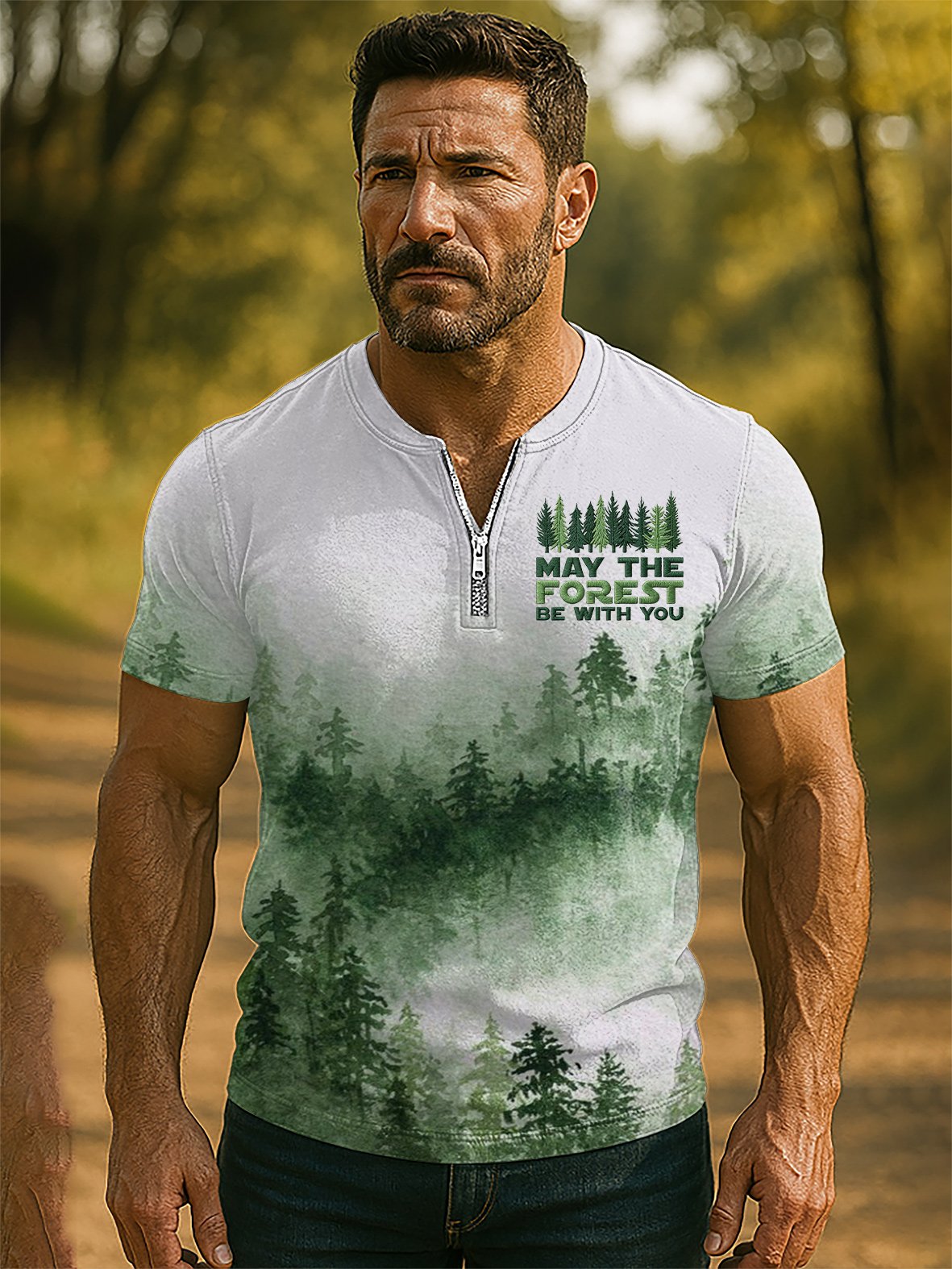 Men's May The Forest Be With You Print Half-Zip Top