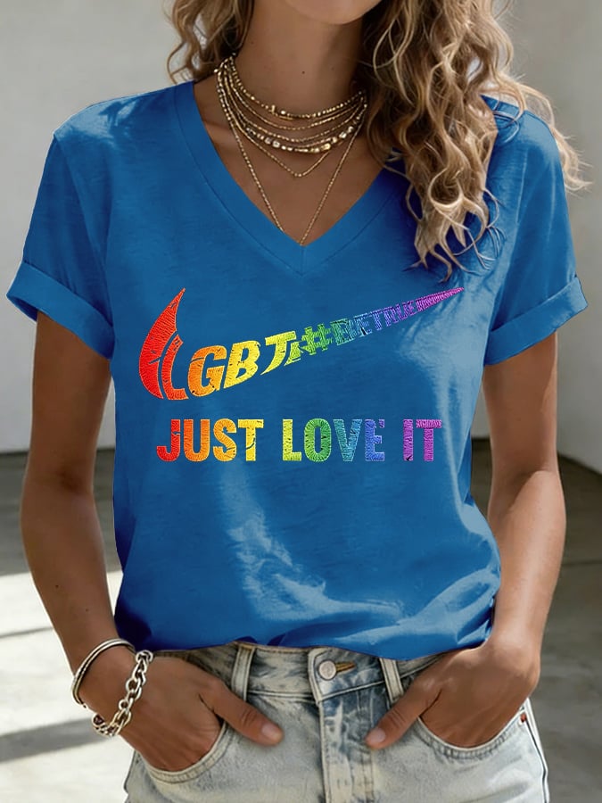 V-Neck Retro Pride Parade Be True Just Love It Print T-Shirt