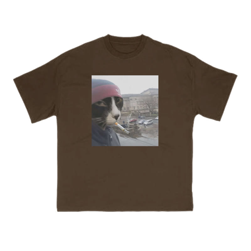 Unisex Smoking Street Style Cat Print T-shirt
