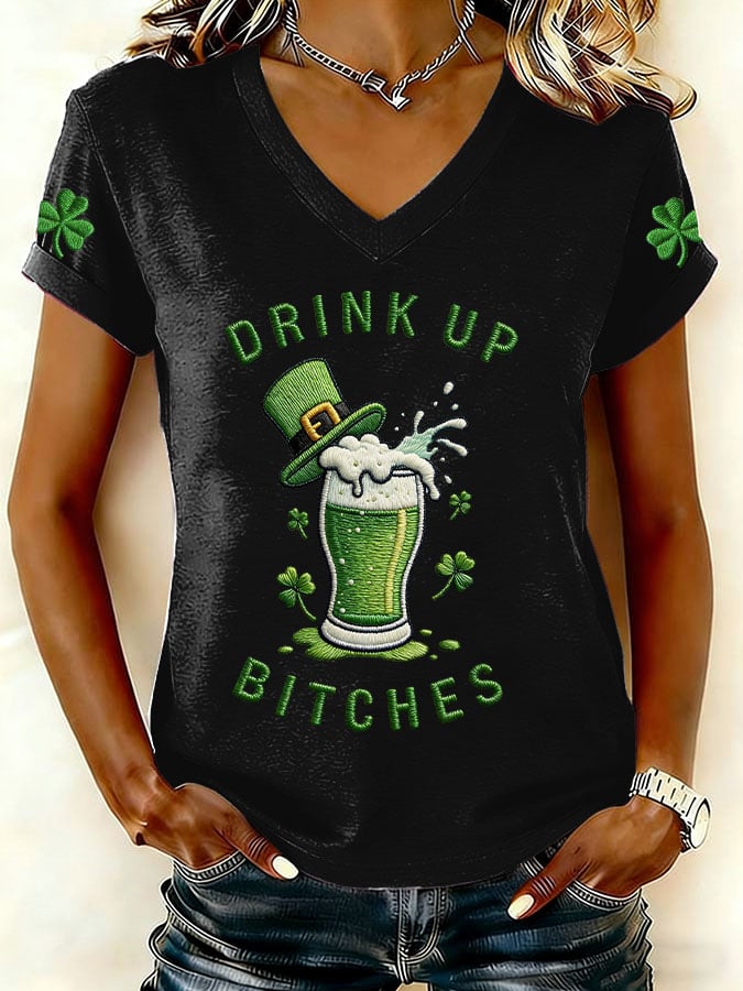 Women's Drink Up St Patrick's Day Print V Neck T-shirt