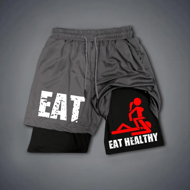 Unisex 2-in-1 Eat Healthy Adult Humor Beach Shorts