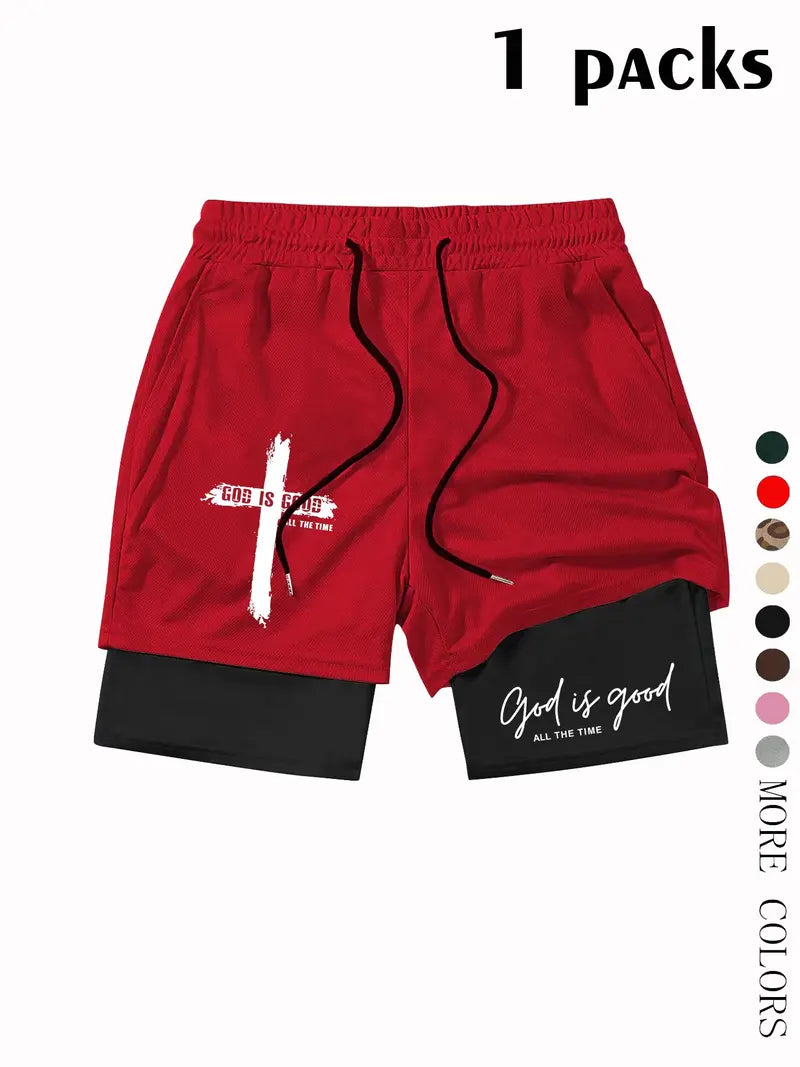 God Is Good Print Drawstring Waist Shorts