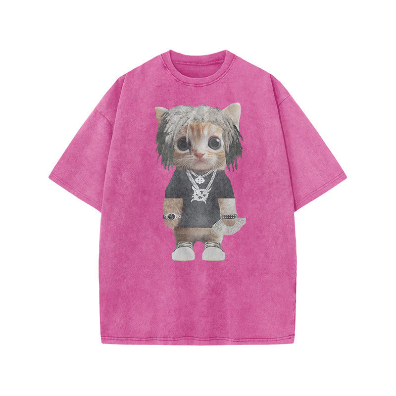 Unisex Street Style Cat Print Acid Washed T-shirt