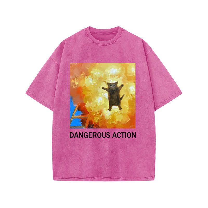 Unisex Dangerous Action Cat Art Print Acid Washed T-shirt