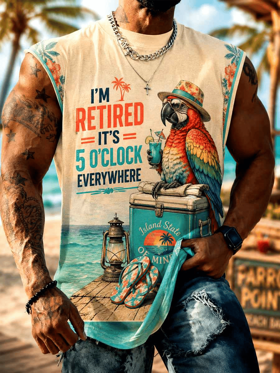 Men's Retro Vacation Music Parrot Print Round Neck Vest