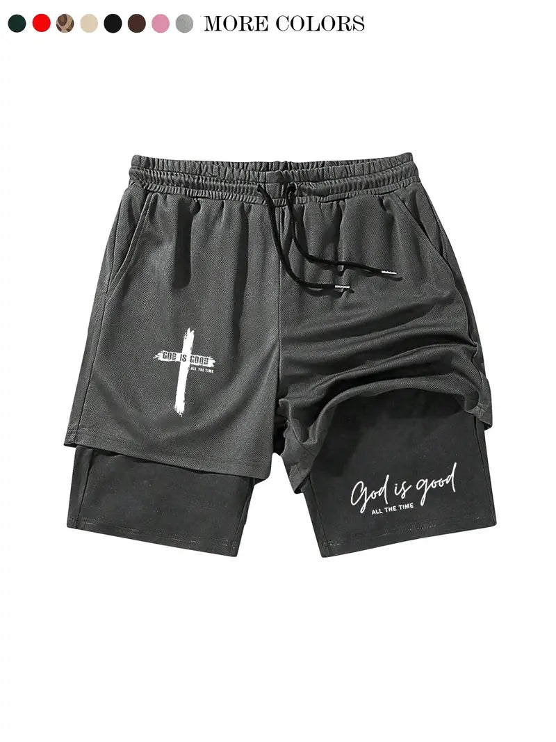 God Is Good Print Drawstring Waist Shorts