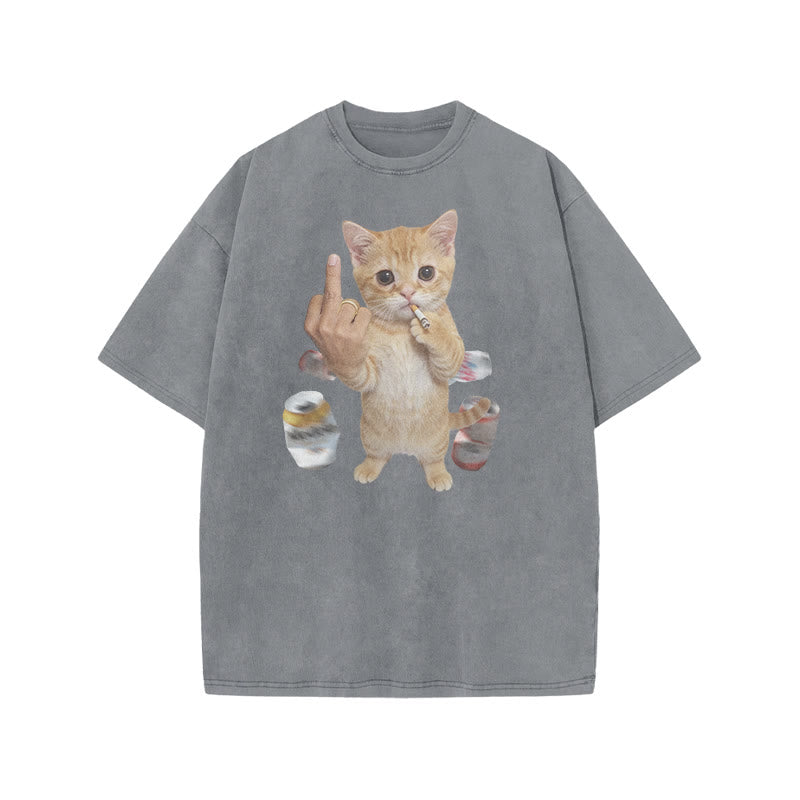 Dope Ass Cat Print Acid Washed T-shirt