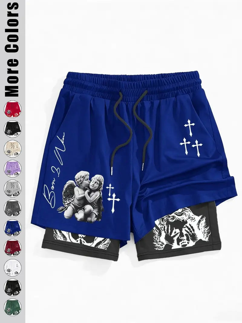 Unisex Angel Cross Print Double Layer Shorts