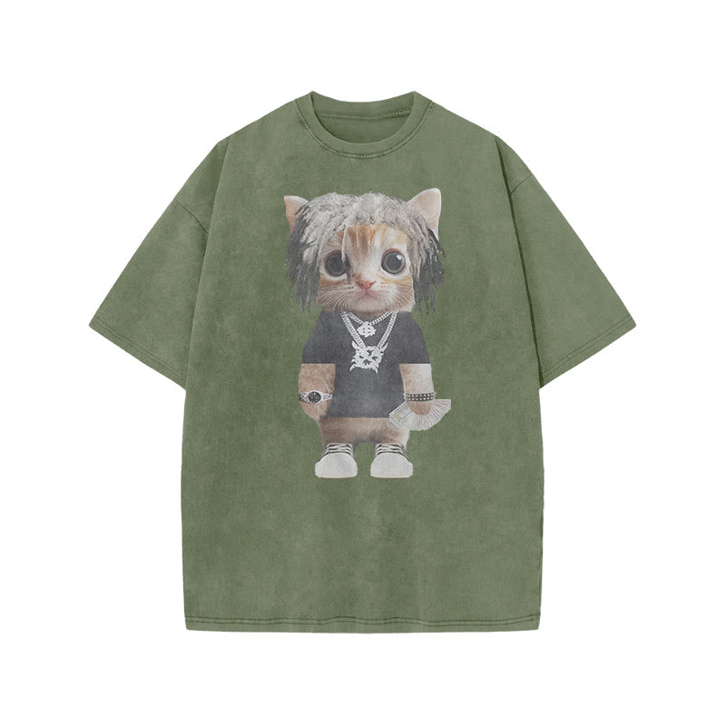 Unisex Street Style Cat Print Acid Washed T-shirt