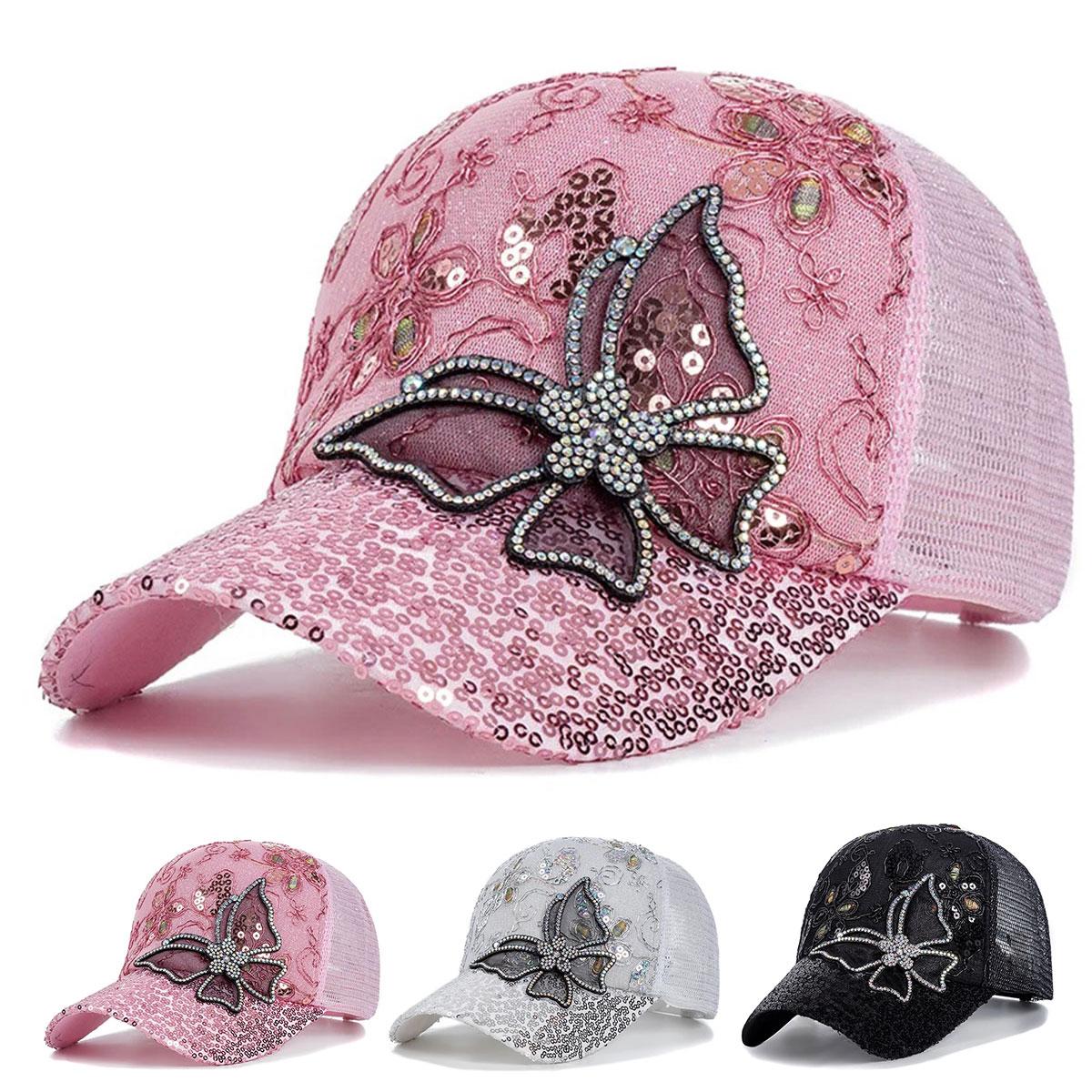 Women Butterfly Lace Glitter Baseball ,Cap Breathable Mesh Sun Hat