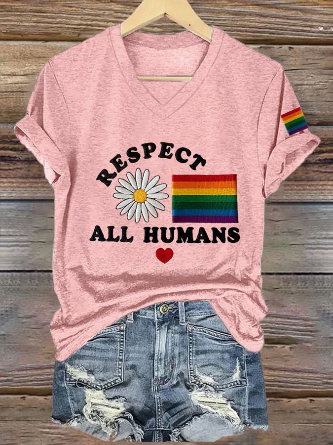 Women's LGBT Respect All Humans Print V-Neck T-Shirt