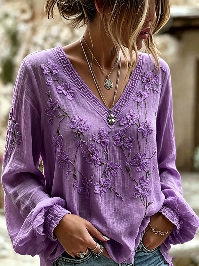Women's Floral Cotton-Linen Print Top