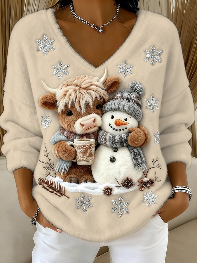 Women's Animal Highland Cow Yeti Art Print V-Neck Top