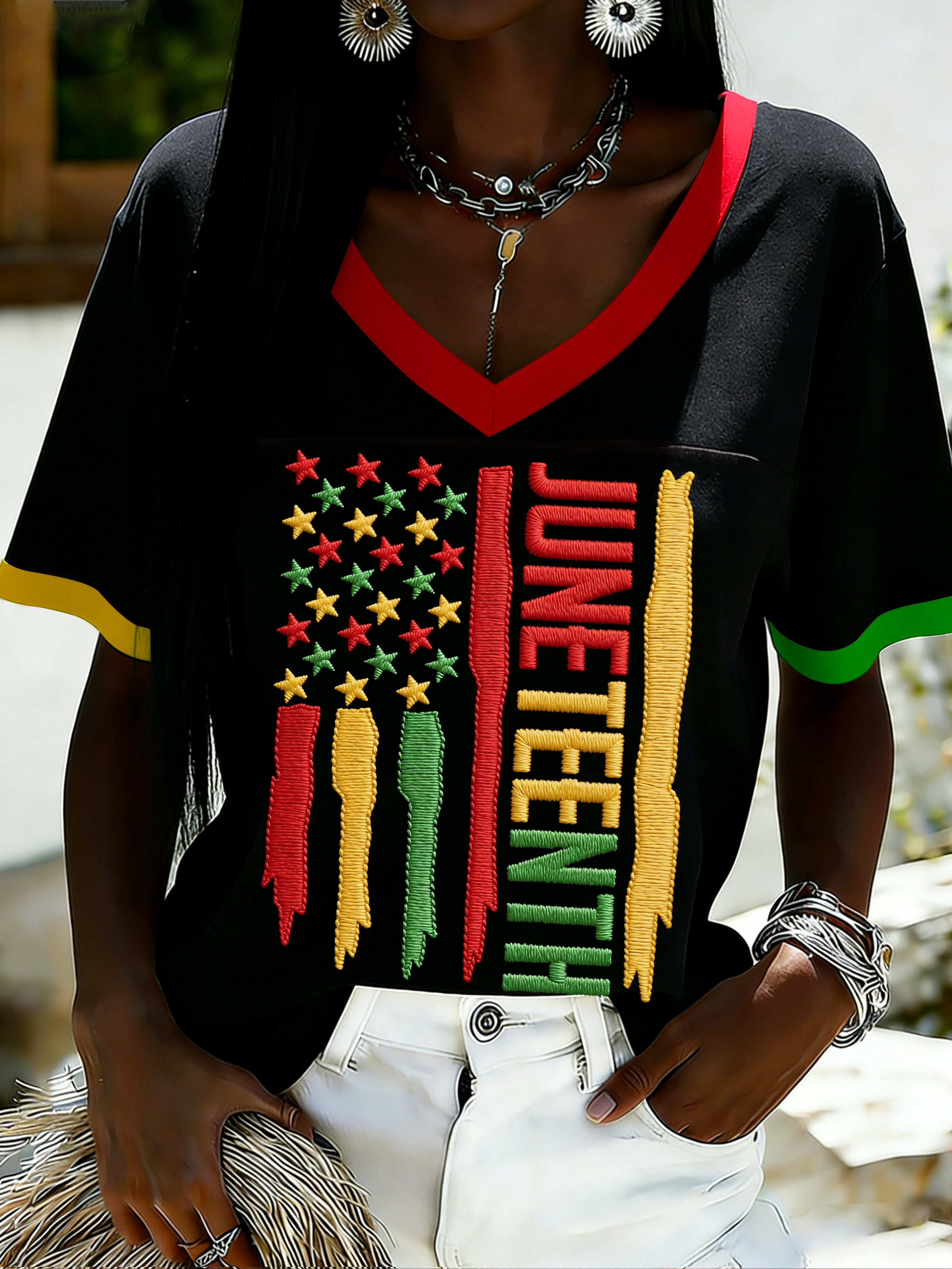 African American Women's Juneteenth Print V-Neck Top