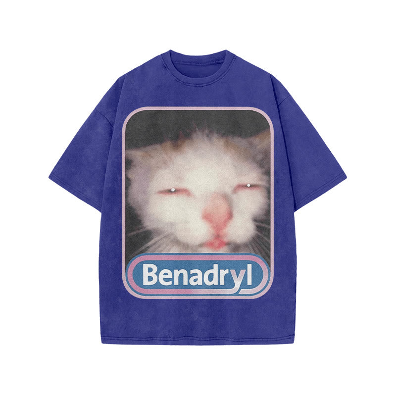 Unisex Benadryl Meme Cat Art Print Acid Washed T-shirt
