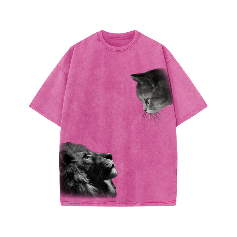 Unisex 100% Cotton Lion And Cat Print Acid Washed T-shirt