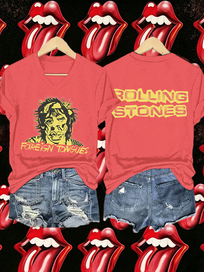 Women's V-Neck Retro Foreign Tongues Print T-shirt
