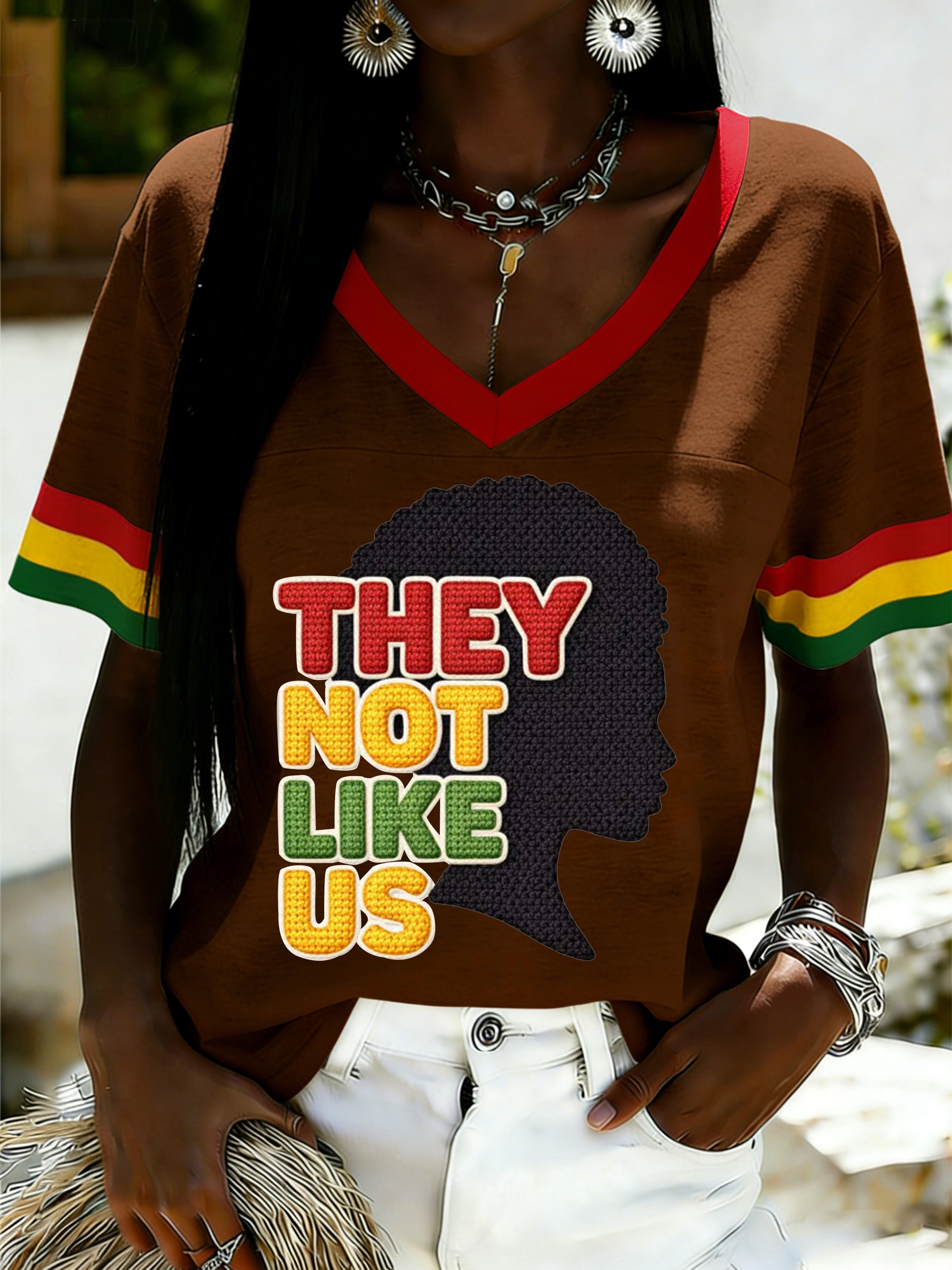 African American Women's Juneteenth Print V-Neck Top