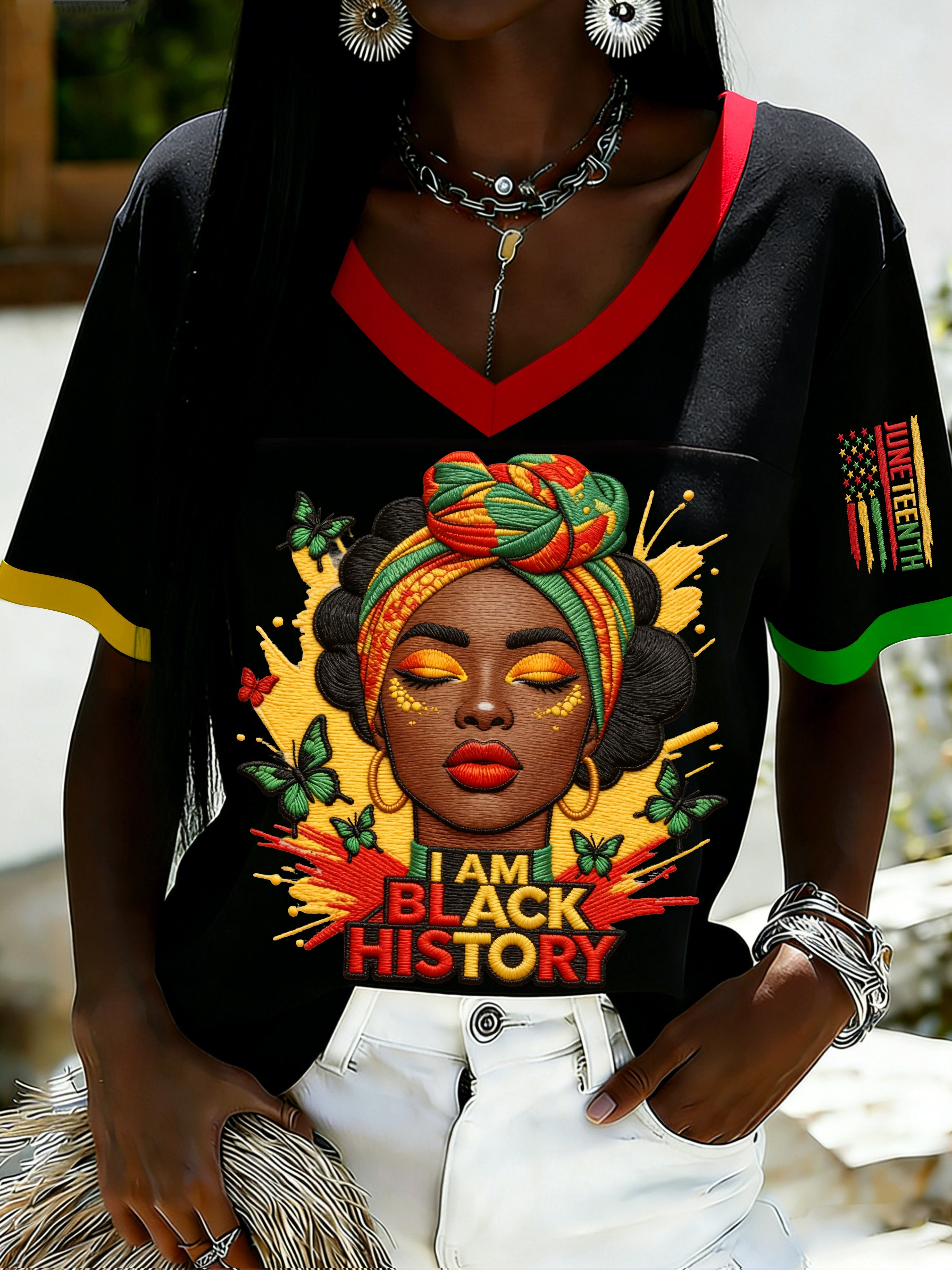 African American Women's Juneteenth Print V-Neck Top