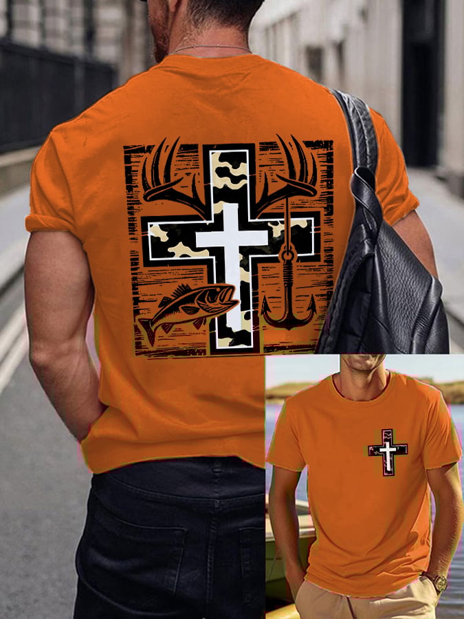 Men's Retro Faith Fishing Hunting Print T-Shirt