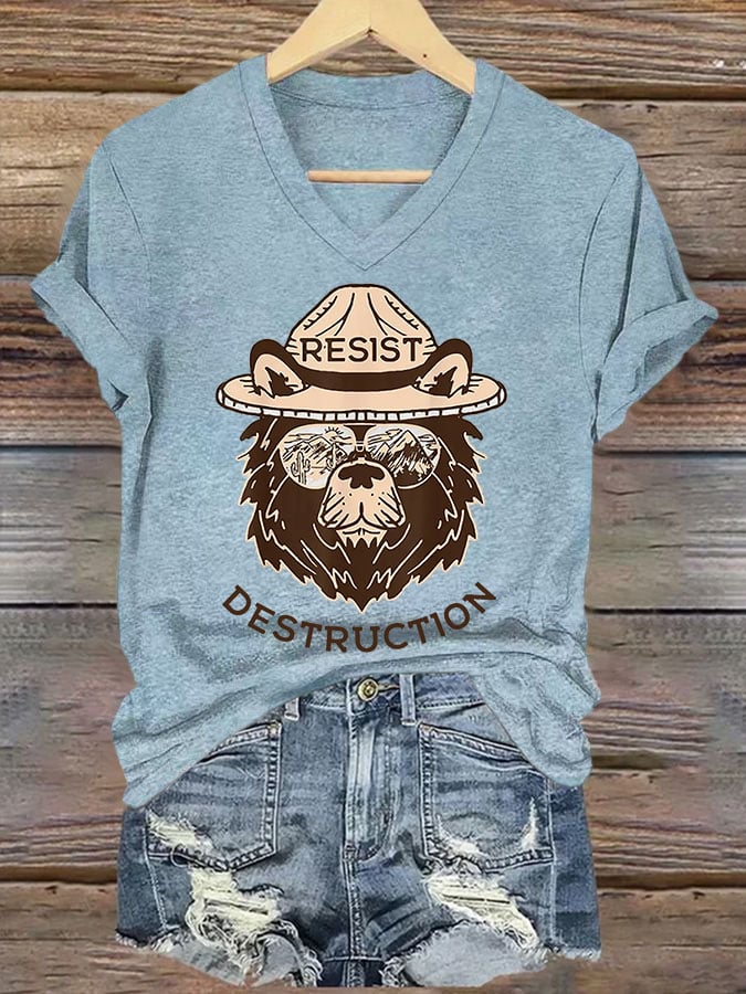 Women's Resist Bear Printed V Neck T-shirt