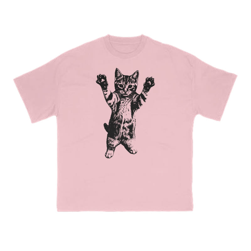 Funny Cat With Its Paws Up Print T-shirt
