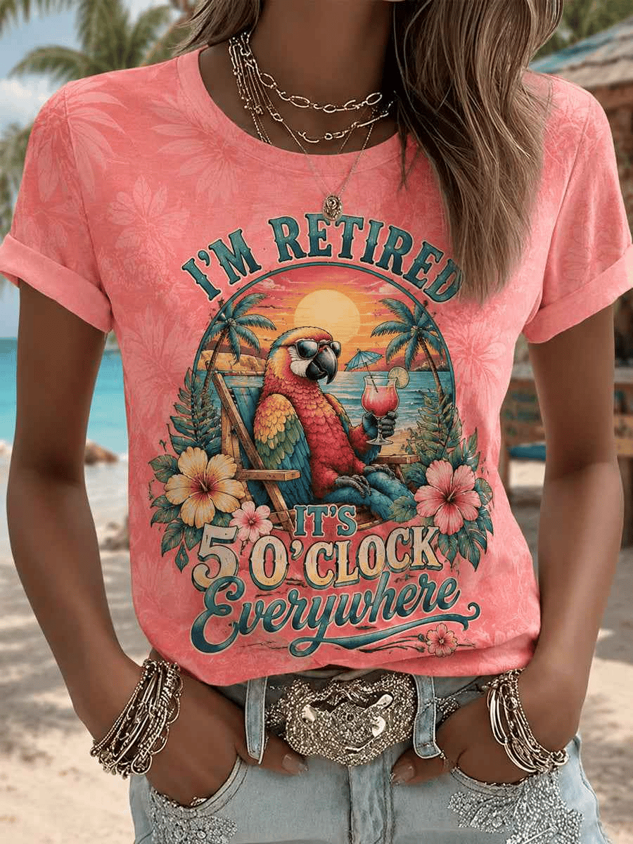 Women's Retro Vacation Music Parrot Print Comfortable T-Shirt