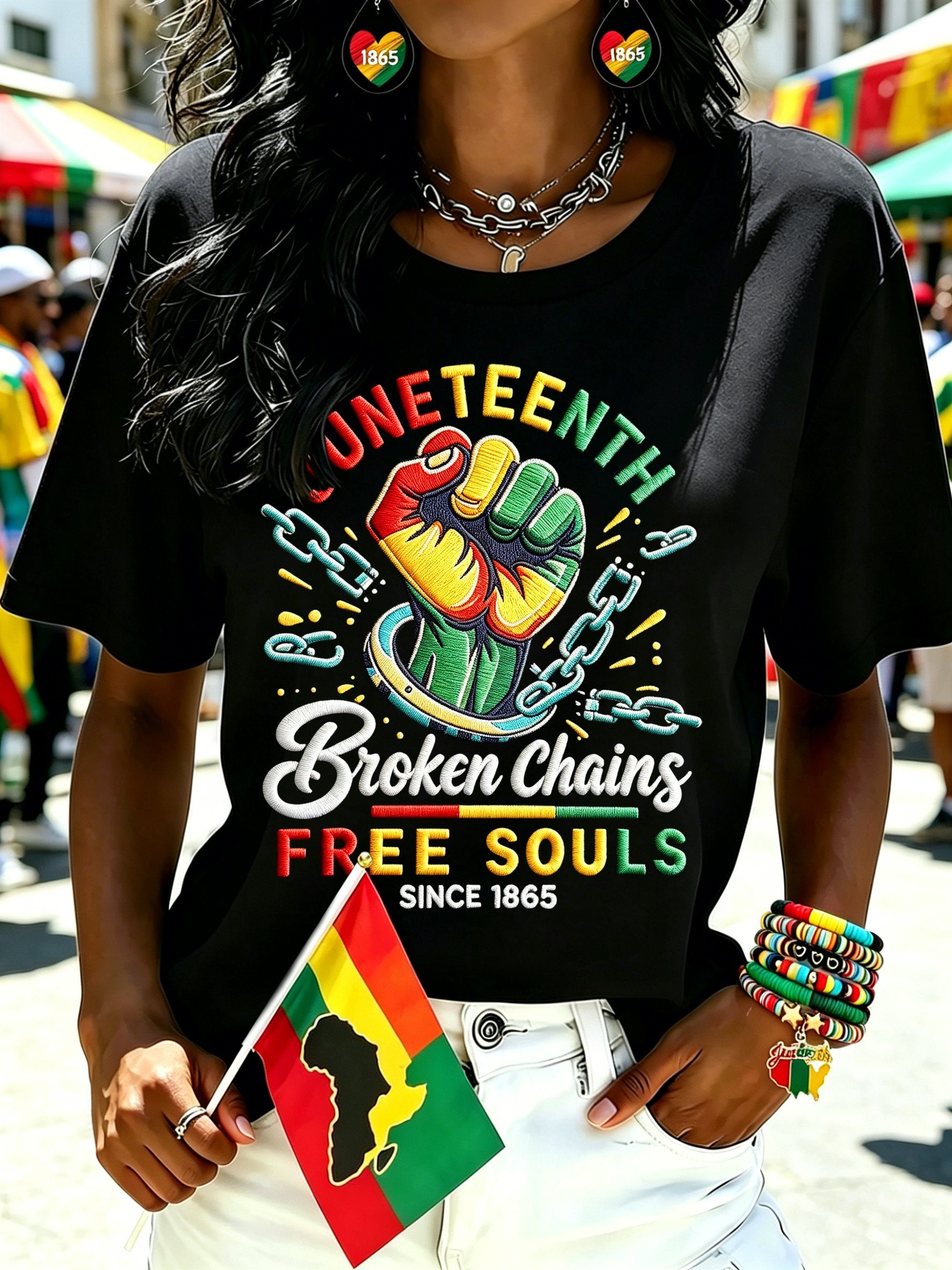 Women's Juneteenth "Chains Broken, Souls Free" Graphic Crewneck T-Shirt