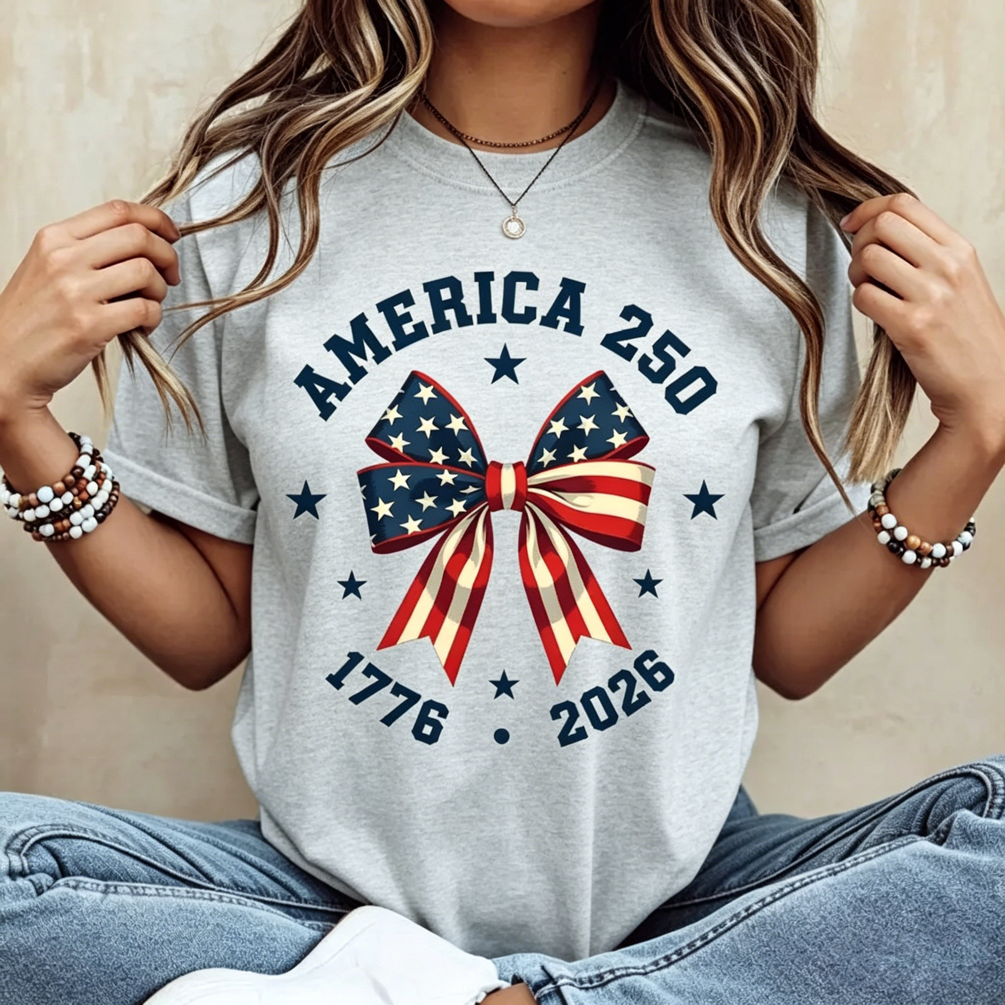 America 250 Stars And Stripes Bow Print T-Shirt