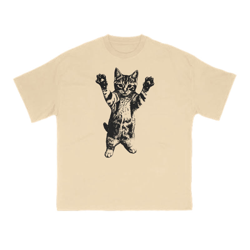 Funny Cat With Its Paws Up Print T-shirt