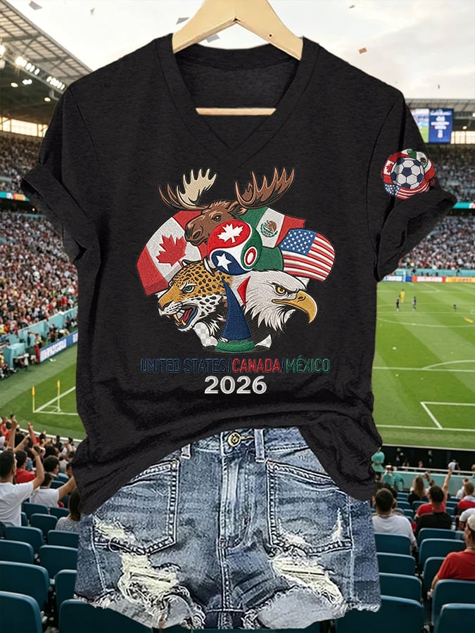 V-Neck Retro 2026 Soccer Mexico United States Canada Print T-Shirt