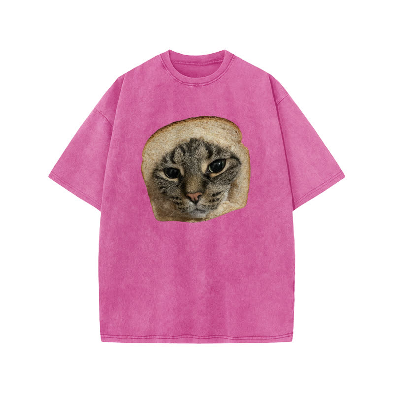 Unisex Toast Cat Print Acid Washed T-shirt