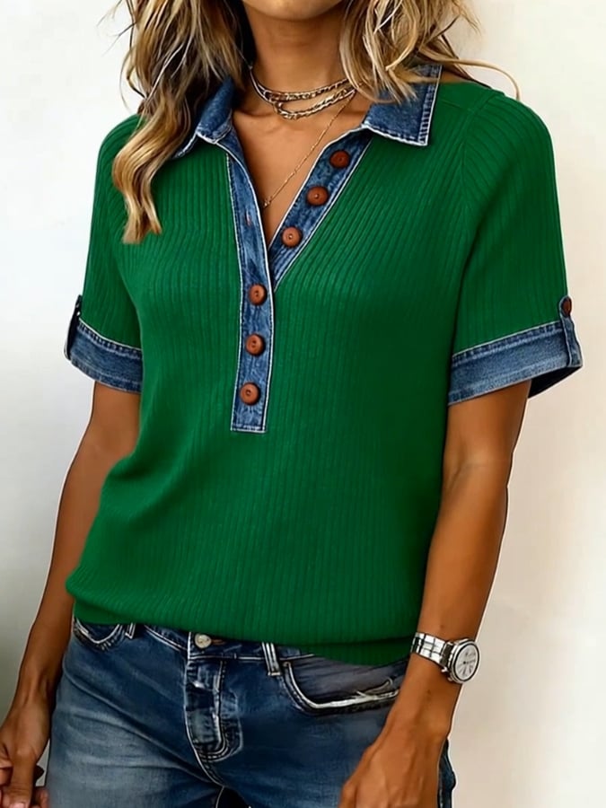 Women'S Casual Color-Block Denim Patchwork Top
