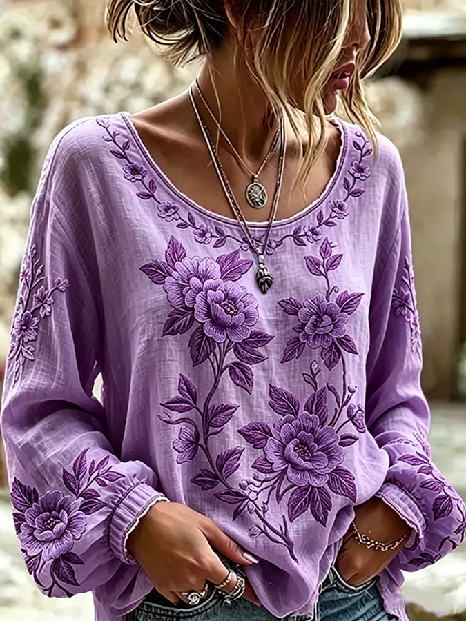 Women's Floral Cotton-Linen Print Top