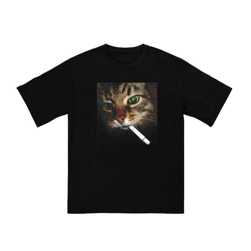 Unisex Cat With Cigarette In Mouth Print T-shirt