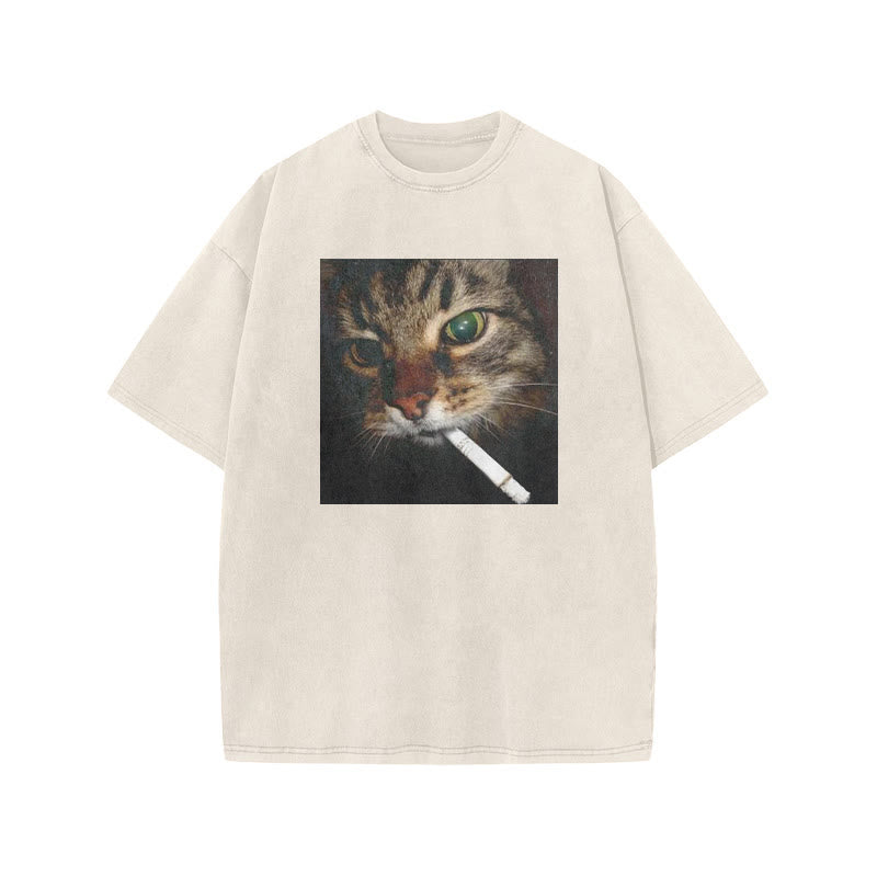 Unisex Cat With Cigarette In Mouth Print Acid Washed T-shirt