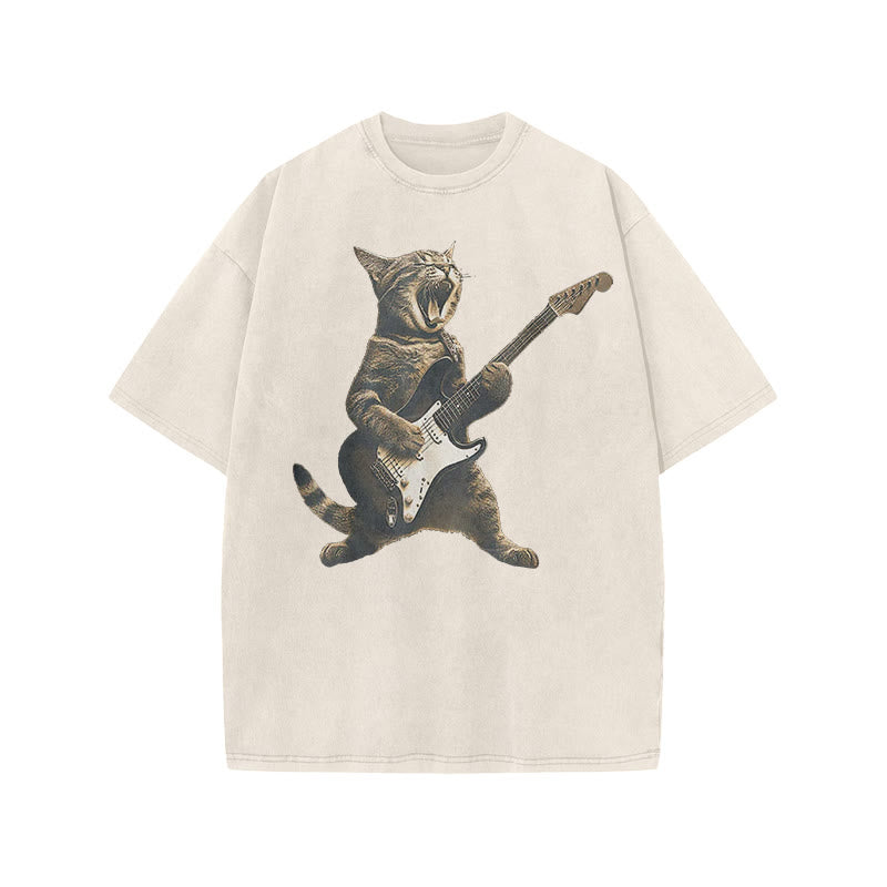 Unisex Rock Cat Playing Guitar Print Acid Washed T-shirt