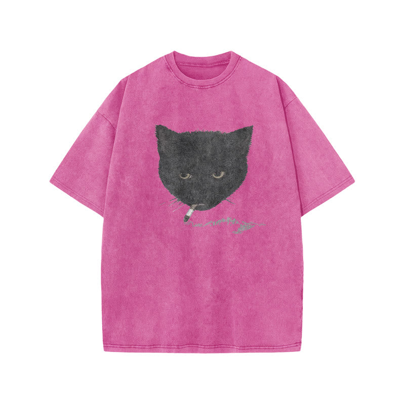 Unisex Smocking Cat Print Acid Washed T-shirt