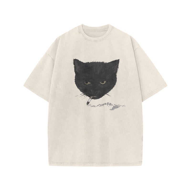 Unisex Smocking Cat Print Acid Washed T-shirt